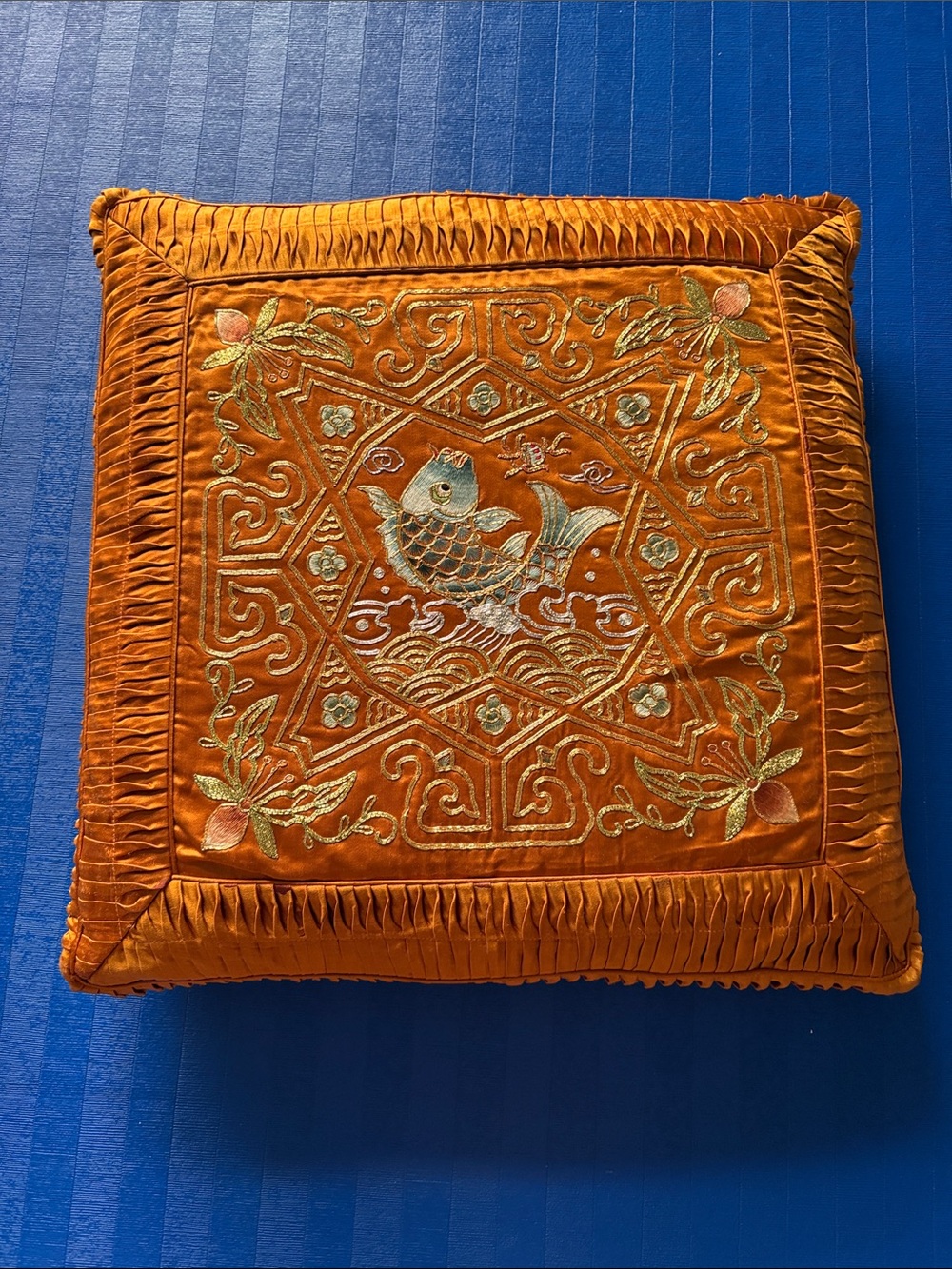 Vintage Chinese Silk Golden Embroidered Orange Decorative Cushion Pillow 17 x 17